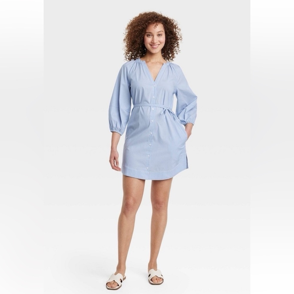 Women's Balloon 3/4 Sleeve Mini Shirtdress - a New Day™ Blue/White Pinstripe NWT